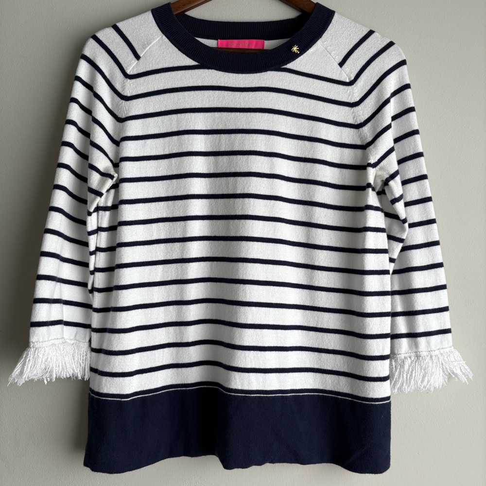 Lilly Pulitzer Navy & White Striped Fringe Sleeve Spring Sweater – Medium